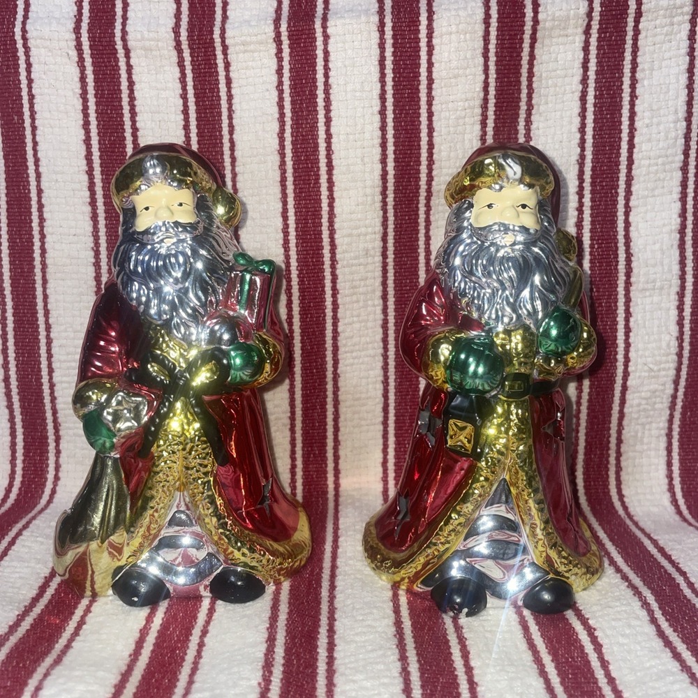Pair of Shiny Metallic Glazed Candle Holder Santas - Same Style Different Pose